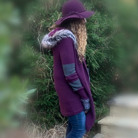 Fox Head Faux Fur Lined Hooded Cardigan Sz S - Picture 3 of 15